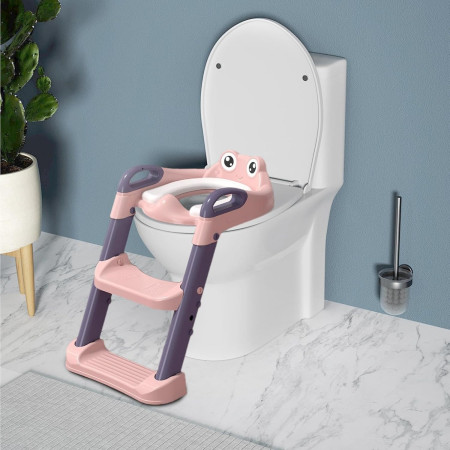 Reductor si Scaunel Inaltator WC, Cyrax, pentru Copii 1 - 7 Ani, 2 Trepte Reglabile, Pliabil, Colac Moale, cu Spatar si Manere, Inaltime 54/58 cm x 39.5 x 35 cm, din Plastic+PVC, Roz/Mov