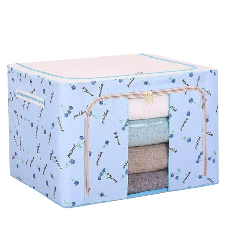 Cutie de Depozitare Pliabila,  Cu Fermoar, 66 L, Textil, 50x40x33 cm, cu 2 Ferestre, Cadru Metalic, Suport Baza Stabil din Plastic, Imprimeu Cirese, Albastru