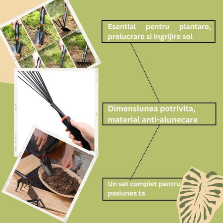 Set 9 Unelte de Gradina  pentru Plantare Prelucrare Sol si Ingrijire Plante, Material PVC si cardboard, 25 x 14.5 cm, negru