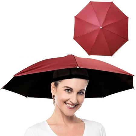 Umbrela de Cap,  Diametru 69 cm, Banda Elastica de Cap, Protectie UV/Ploaie, Rosu Inchis