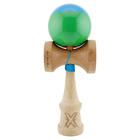 Kendama X Originala, Profesionala, Cyrax, Big Cups V2, Super Sticky cu Cupe Mari, Rulment Metalic, din lemn 18 cm, Ata 55 cm, Albastru/Verde