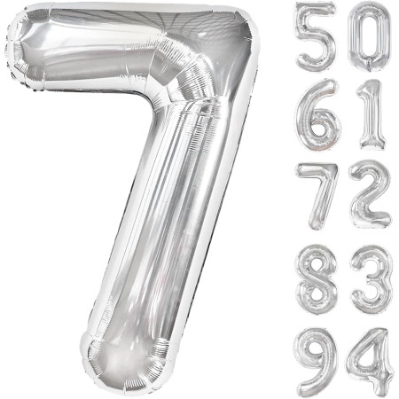 Balon din Folie Metalizata, Cyrax, Figurina Cifra, Tema Aniversare 80 cm, Ambalaj Individual, Pai inclus, Umflare cu Aer sau Heliu, Argintiu, Cifra 7