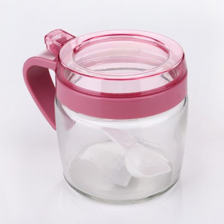Recipient Condimente, Cyrax, din Stilca, 180 ml, cu Maner si Lingurita, 8 x 9 cm, Capac Transparent, Roz