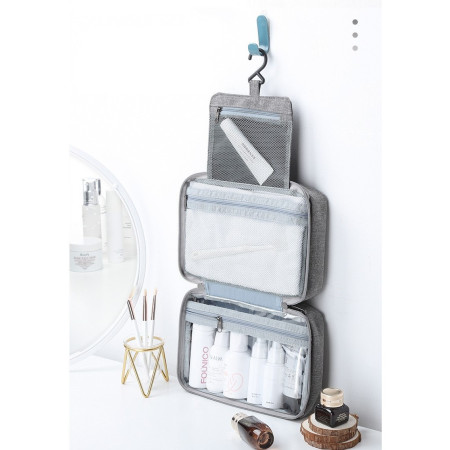 Geanta cosmetice voiaj, Cyrax, material textil, impermeabil, Gri, 12.5 x 9 x 22 cm