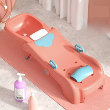 Suport Pliabil pentru Spalat Parul Cyrax, Pentru Copii, cu Scurgere, cu Picioare Antialunecare, Material Polipropilena, Suport Cap Reglabil, cu Manere, 110 x 35 x 21 cm, Roz