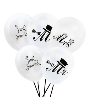Set 10 Baloane din Latex, Cyrax, Model Party Casatorie, Mr&Mrs Just Married, 2.8 g, 30 cm, Alb/Negru