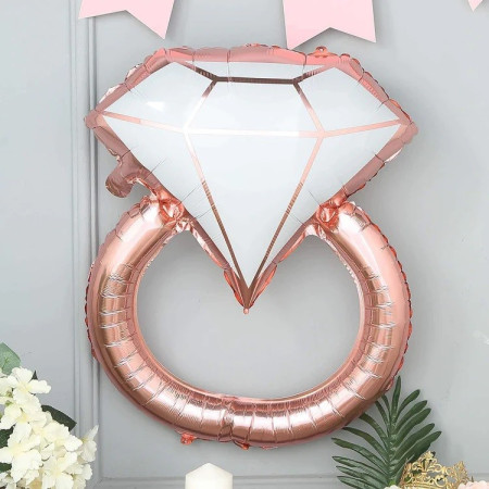 Balon din Folie Metalizata, Cyrax, Figurina Inel de Logodna, Model Diamant, Tema Nunta, 60 cm, Ambalaj Individual, Pai Inclus, Umflare cu Aer sau Heliu, Roz