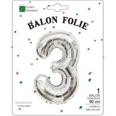 Balon din Folie Metalizata, Cyrax, Figurina Cifra, Tema Aniversare 80 cm, Ambalaj Individual, Pai inclus, Umflare cu Aer sau Heliu, Argintiu, Cifra 3