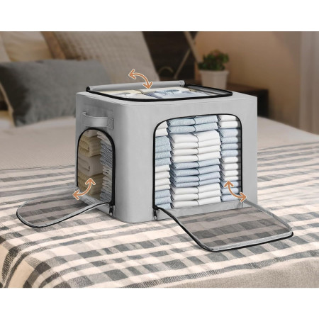Cutie de Depozitare,  cu 3 Ferestre cu Fermoar Bidirectional, Cadru din Otel, Impermeabil, 38L, 42 x 30 x 30 cm, Gri