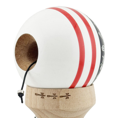 Kendama X Originala CHICANOS, Profesionala, Cyrax, Cupe Mari KING SIZE V3, Super Sticky, Gaura in Baza, Rulment Metalic, din lemn 18 cm, Ata 55 cm, Negru/Alb