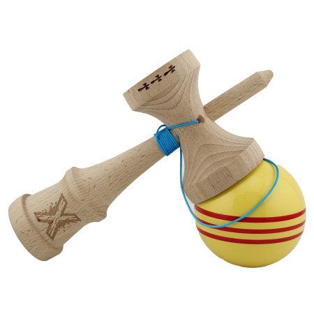 Kendama X Originala, Profesionala, Cyrax, Big Cups V2, Super Sticky Legendary Cupe Mari, Rulment Metalic cu Ata 55 cm, Galben/Linii Rosii