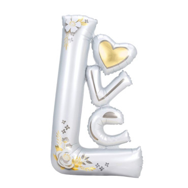 Balon din Folie Metalizata, Cyrax, Figurine, Model LOVE, Tematica Iubire, 110x64 cm, Ambalaj Individual, Pai Inclus, Umflare cu Aer sau Heliu, Alb
