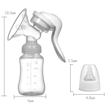 Pompa de San Manuala Multifunctionala, Cyrax, Portabila, cu Tetina pentru Biberon, Anti-Scurgere, Anti-Reflux, 18.5x6 cm, 150 mL, Silicon, Recipient Transparent, Alb