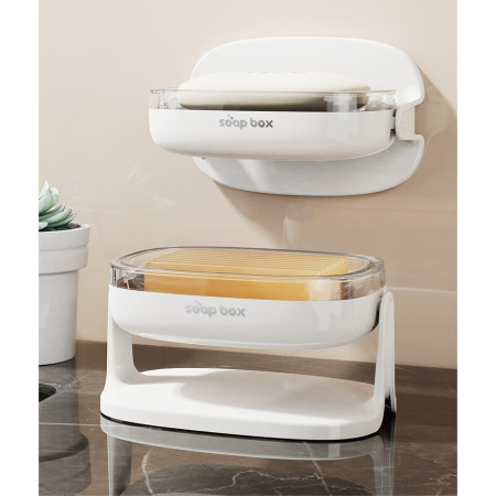 Savoniera cu Suport 2 in 1,  Pentru Perete sau Blat, PET, Scurgere Optima, Alb