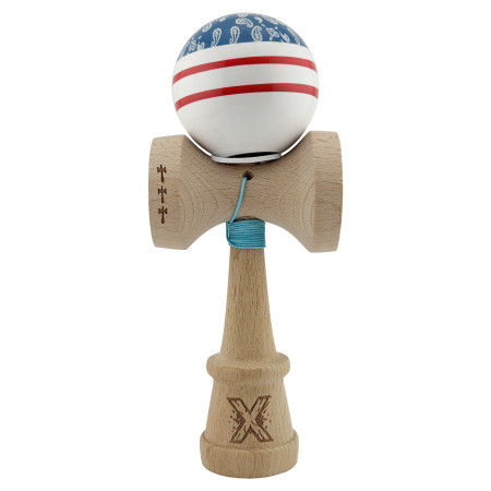 Kendama X Originala CHICANOS, Profesionala, Cyrax, Cupe Mari KING SIZE V3, Super Sticky, Gaura in Baza, Rulment Metalic, din lemn 18 cm, Ata 55 cm, Albastru/Alb