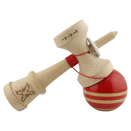 Kendama X Originala RAINBOW, Profesionala, Cyrax, Cupe Mari KING SIZE V3, Super Sticky, Gaura in Baza, Rulment Metalic, din lemn 18 cm, Ata 55 cm, Rosu/Maro