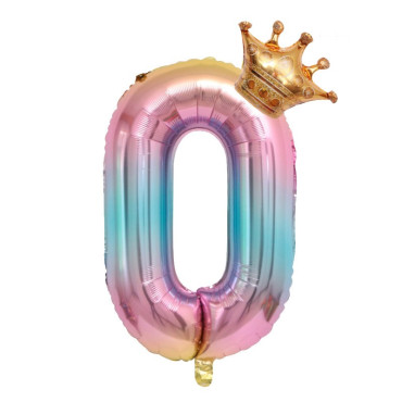 Balon din Folie Metalizata, Cyrax, Figurina Cifra Gradient, Tema Aniversare 80 cm, Ambalaj Individual, Pai inclus, Umflare cu Aer sau Heliu, Coronita, Cifra 0