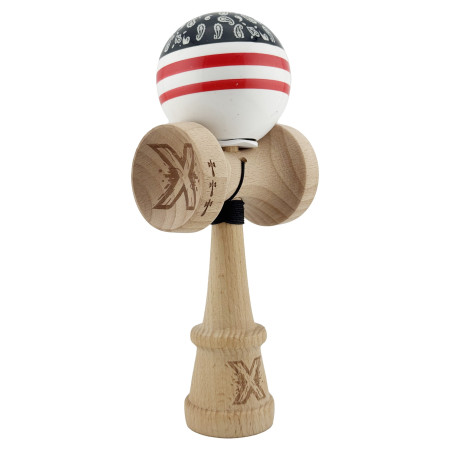 Kendama X Originala CHICANOS, Profesionala, Cyrax, Cupe Mari KING SIZE V3, Super Sticky, Gaura in Baza, Rulment Metalic, din lemn 18 cm, Ata 55 cm, Negru/Alb