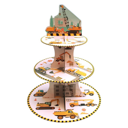 Etajera pentru Prajituri, Cyrax, din Carton, 3 Nivele, 16/22/29 cm Diametru, Inaltime 38 cm, Tema Utilaje de Santier, Multicolor