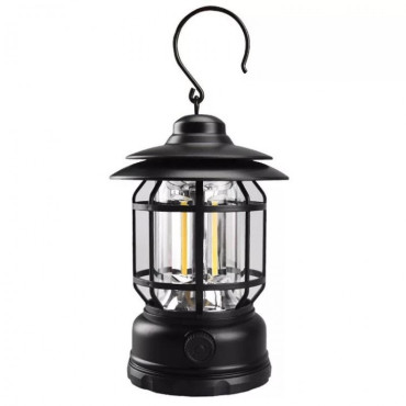 Lampa portabila camping, Felinar Vintage cu carlig, ABS, Iluminare 21 COB LED, Intensitate reglabila, 5W,  Negru