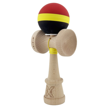 Kendama X Originala, Profesionala, Cyrax, Cupe Mari KING SIZE V3, Rubber Grip, Gaura in Baza, Rulment Metalic, din lemn 18 cm, Ata 62/65 cm, M Rosu/Galben/Negru