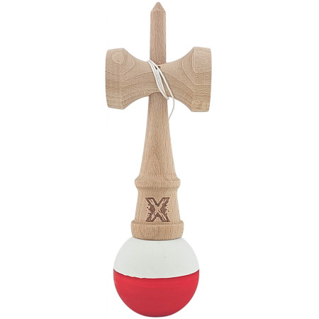 Kendama X Originala, Profesionala, Cyrax, din Lemn, Rubber Grip, 18 cm, Alb/Rosu