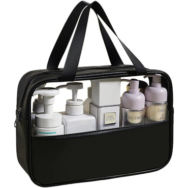 Geanta cosmetice Cyrax, pentru voiaj sau organizare, material PVC/textil, impermeabila, portabila, 30X21X12 cm, negru