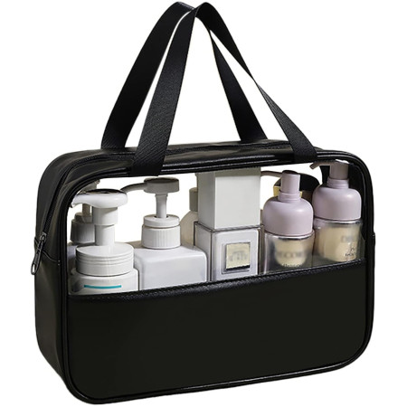 Geanta cosmetice Cyrax, pentru voiaj sau organizare, material PVC/textil, impermeabila, portabila, 30X21X12 cm, negru