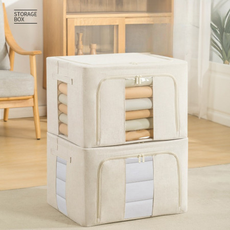 Cutie de Depozitare Pliabila,  Cu Fereastra si Fermoar Dublu, 66 L, Textil Premium, 50x40x33 cm, Cadru Metalic, Impermeabila, Bej