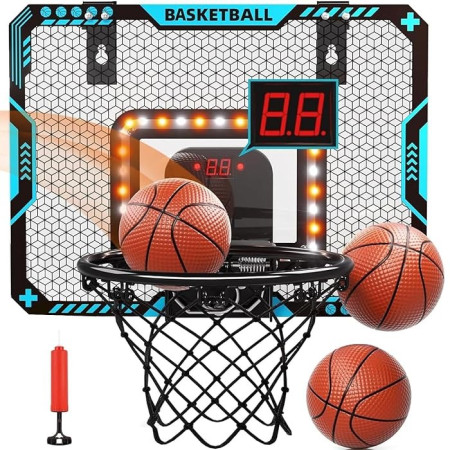 Cos de Baschet pentru Copii, Cyrax, cu Tablou de Bord Electronic, Minge, Pompa, 2 Moduri, Interior/Exterior, Inel Metalic si Rabatabil cu Arc, Luminos, 41x31x5 cm, Multicolor