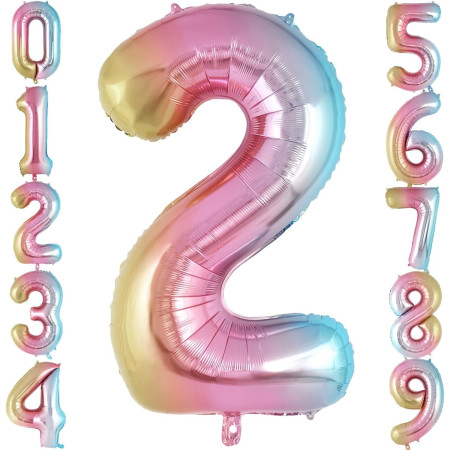 Balon din Folie Metalizata Cyrax, Figurina Cifra Gradient, Tema Aniversare 40 cm, Ambalaj Individual, Pai inclus, Umflare cu Aer sau Heliu, Multicolor, Cifra 2