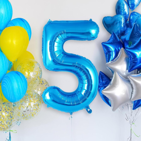 Balon din Folie Metalizata, Cyrax, Figurina Cifra, Tema Aniversare 100 cm, Ambalaj Individual, Pai inclus, Umflare cu Aer sau Heliu, Albastru, Cifra 5