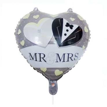Balon din Folie Metalizata, Cyrax, Figurina Inima, Model Mr&Mrs, Tema Nunta, 45 cm, Ambalaj Individual, Pai Inclus, Umflare cu Aer sau Heliu, Gri