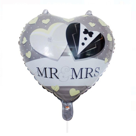 Balon din Folie Metalizata, Cyrax, Figurina Inima, Model Mr&Mrs, Tema Nunta, 45 cm, Ambalaj Individual, Pai Inclus, Umflare cu Aer sau Heliu, Gri