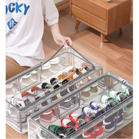 Cutie de Depozitare pentru Pantofi,  40x30x21 cm, din Plasa PVC Impermeabila si Cadru de Otel, Pliabila, Fermoar Bidirectional, Transparenta