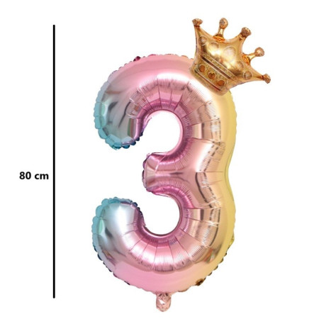 Balon din Folie Metalizata, Cyrax, Figurina Cifra Gradient, Tema Aniversare 80 cm, Ambalaj Individual, Pai inclus, Umflare cu Aer sau Heliu, Coronita, Cifra 3