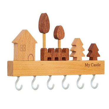 Suport pentru Chei,  din Lemn, Aplicare fara Perforare, Adeziv Inclus, 6 Carlige Albe, Model Casuta, Greutate Suportata 5 kg, 14.5 x 2 x 22.5 cm, Maro