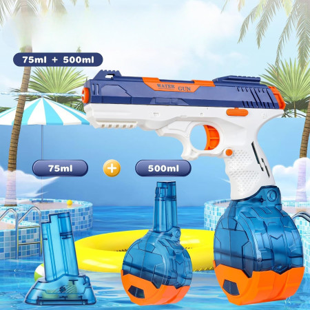 Pistol cu Apa Electric, Cyrax, 2 Rezervoare 75/350 ml, din ABS+Silicon, Baterie, Incarcare USB, Conectare la Furtun, +6 Ani, Albastru