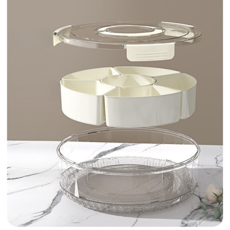 Cutie de Depozitare pentru Alimente, Cyrax, cu 6 Compartimente, pentru Condimente, Fructe, Legume, cu Manere de Prindere, Rotativa 360 de Grade, Inchidere Ermetica, 32x8 cm, Alba