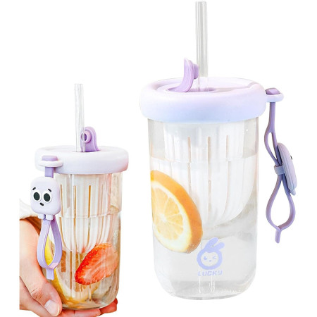 Pahar din silicon, cu capac si pai, pentru copii, Cyrax, anti-cadere, compartiment pentru fructe/ceai/gheata, rezistent la temperaturi inalte, 500ml, Mov, 14.5x8.8x20 cm