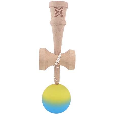 Kendama X Originala, Profesionala, Cyrax, 18 cm, Profesionala, +9 Ani, din Lemn, Gradient Galben/Albastru