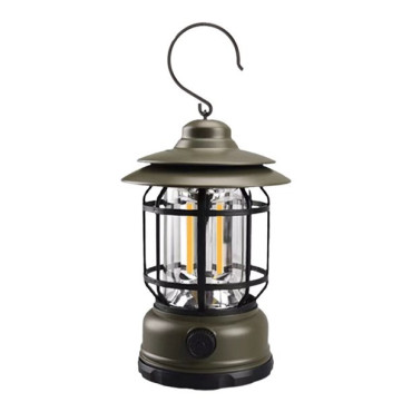 Lampa portabila camping, Felinar Vintage cu carlig, ABS, Iluminare 21 COB LED, Intensitate reglabila, 5W,  Verde