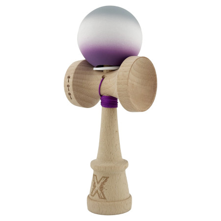 Kendama X Originala, Profesionala, Cyrax, Rubber Grip, Cupe Mari KING SIZE V3, Gaura in Baza, Rulment Metalic, din lemn 18 cm, Ata 62/65 cm, Gradient Gri/Alb/Mov
