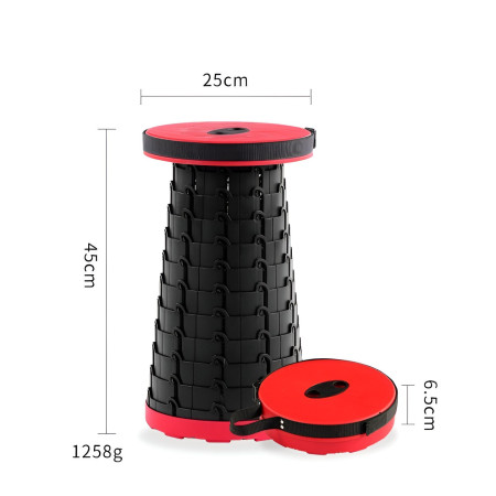 Scaun Telescopic Pliabil pentru Camping si Pescuit,  Portabil, Universal, Sustine 150 kg, ABS, Diametru 25 cm, Extensibil, Inaltime 45 cm, Rosu-Negru