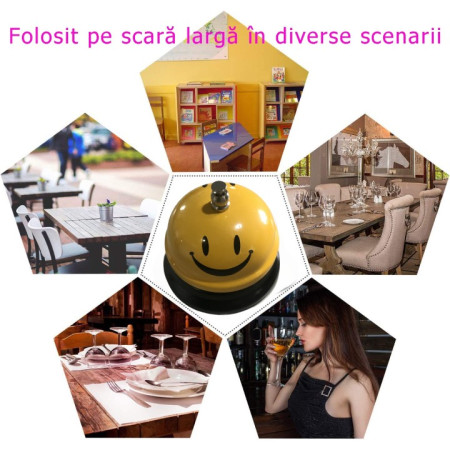 Clopotel Metalic Multifunctional, Cyrax, Galben cu Imprimeu Smiley Face, 7.5x7.5x6.5 cm, Receptie, Restaurant, Cafenele