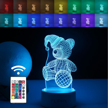 Lampa LED decorativa,  3D, Urs cu palarie, cu telecomanda, doua moduri de alimentare USB si baterii, 20 cm inaltime, din material acril si lumina multicolora, alb