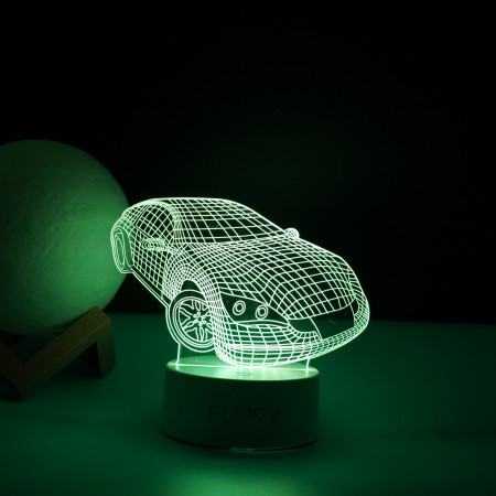 Lampa LED decorativa,  3D, Masina Sport, doua moduri de alimentare USB si baterii, 20 cm inaltime, din material acril si lumina multicolora, alb