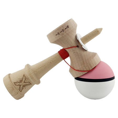 Kendama X Originala, Profesionala, Cyrax, Cupe Mari KING SIZE V3, Rubber Grip, Gaura in Baza, Rulment Metalic, din lemn 18 cm, Ata 62/65 cm, S Bicolor Roz/Alb