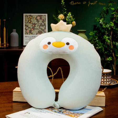 Perna de Calatorie in Forma de U,  Pentru Gat si Cap, Umplutura din Spuma cu Memorie, 30x30 cm, Model Pinguin, Accesoriu de Voiaj, Birou, Masina, Sistem Prindere Capse, Verde