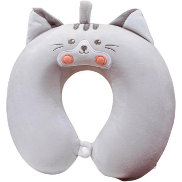 Perna de Calatorie in Forma de U,  Pentru Gat si Cap, Umplutura din Spuma cu Memorie, 30x30 cm, Model Pisica, Accesoriu de Voiaj, Birou, Masina, Sistem Prindere Capse, Gri